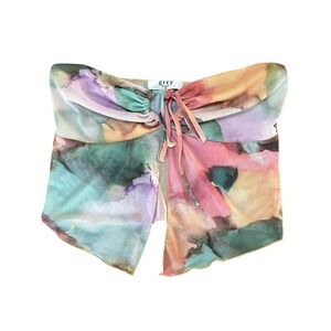 Grey Bandit Sheer Mesh Ruched Tie Front Strapless Tube Top Abstract Print Medium